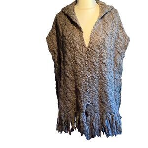 Anthropologie Laurie B Gray Hoodie Sweater Vest Cable Fringe L Stitch M/L 0325